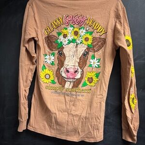 Simply Southern  Tan Long Sleeve Shirt with Cow and Sunflowers